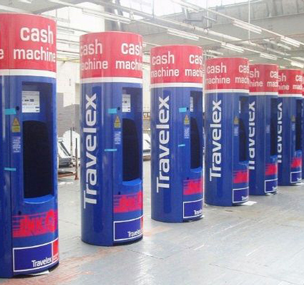 Travelex Cash Machine Standalone Kiosks produced by Salamander Sheet Metal Fabrication.