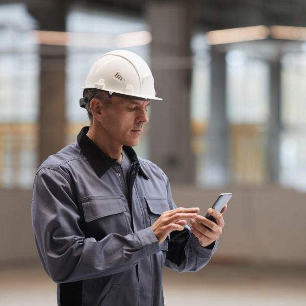 A working man in a hardhat and overalls checks his smartphone.